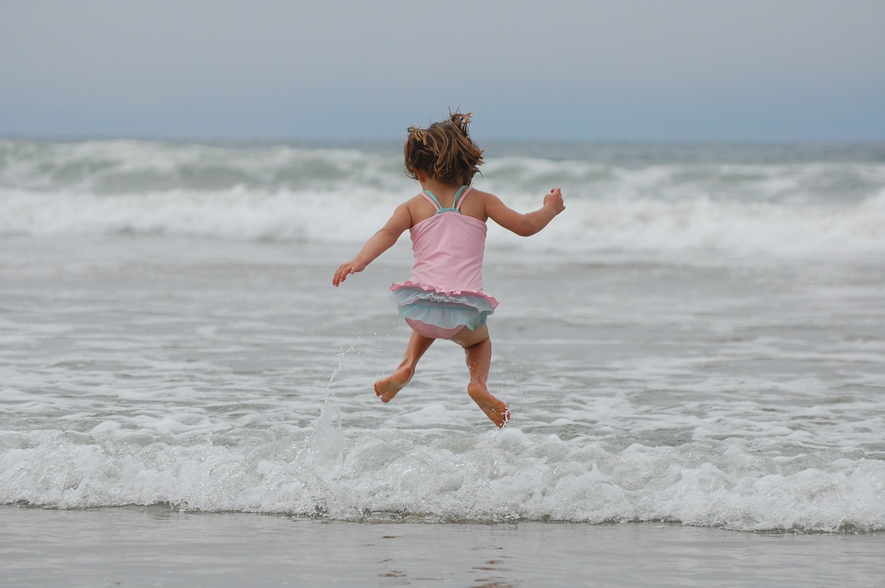 girl, beach, jump